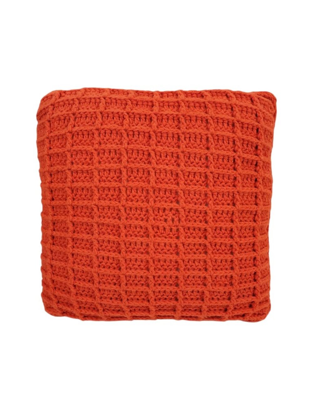 Handmade Crochet Waffle Knit Orange Throw Pillow Retro Cotton Accent 14" X 14"